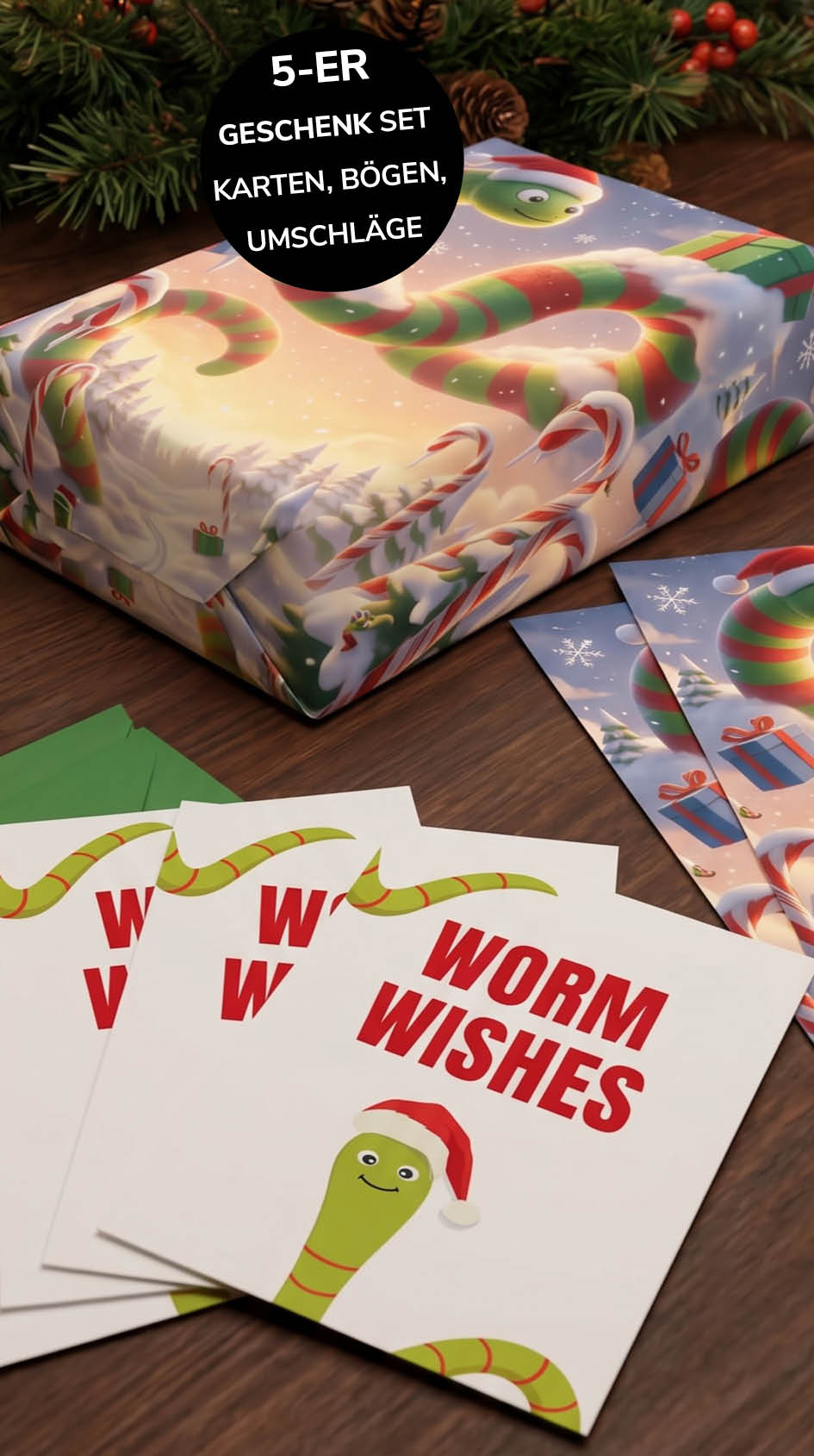 Liebevolles Geschenkpapier Weihnachten 5er Set Worm Wishes, Geschenkverpackung DIN A2, Weihnachtskarte inkl. Umschlägen